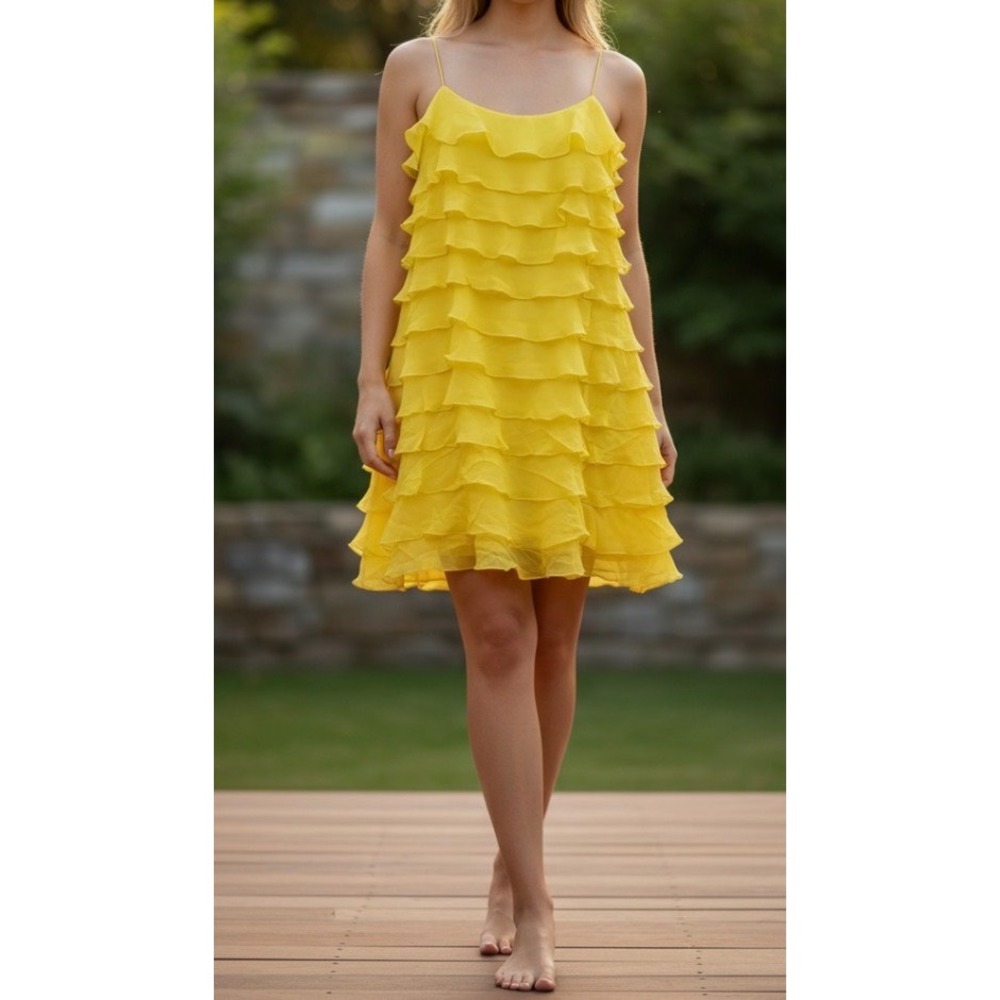 Lauren Ralph Lauren Yellow Tiered Ruffle Mini Dress Spaghetti Strap‎ Low Back